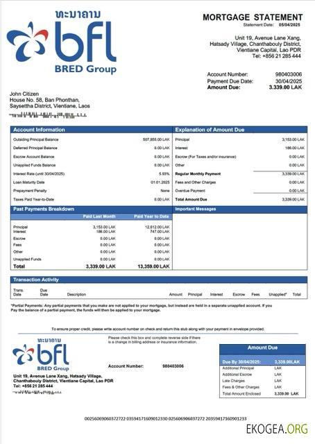 Laos Banque Franco, relevé hypothécaire laotien modèle Word et PDF